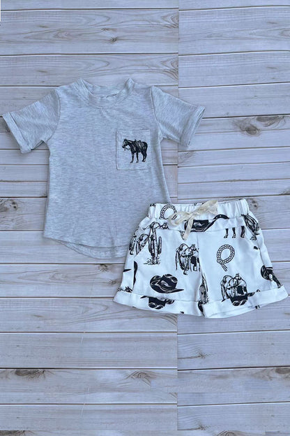 Western horse grey top & shorts boys boutique set DLH2896
