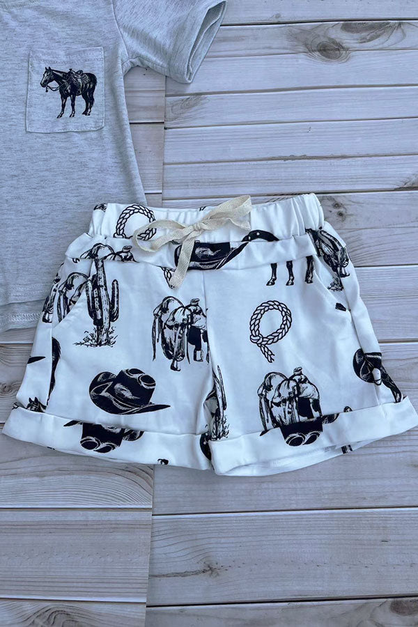 Western horse grey top & shorts boys boutique set DLH2896