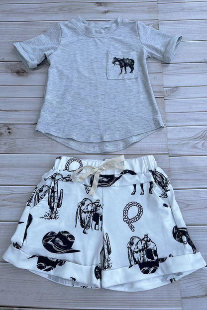Western horse grey top & shorts boys boutique set DLH2896
