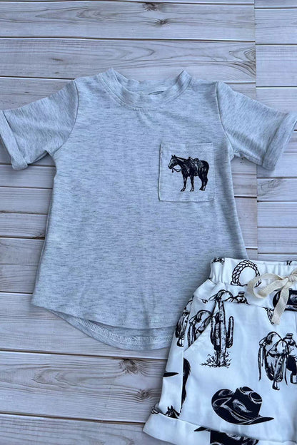 Western horse grey top & shorts boys boutique set DLH2896
