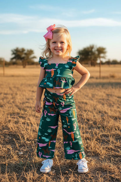 Western cowgirl green crop top & wide leg pant girls boutique set DLH2902