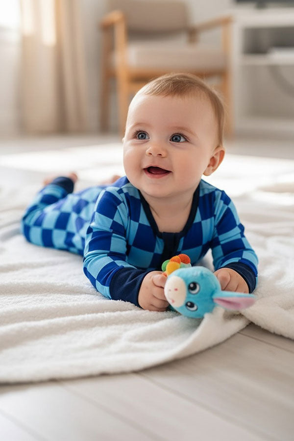 Chic blue checkered long sleeve baby boy boutique romper DLH2900