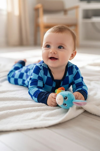 Chic blue checkered long sleeve baby boy boutique romper DLH2900