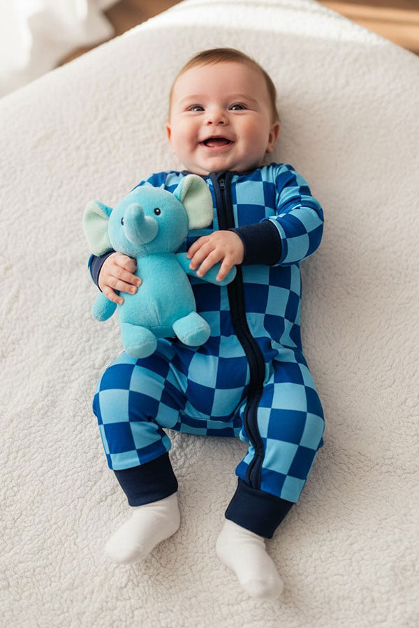 Chic blue checkered long sleeve baby boy boutique romper DLH2900