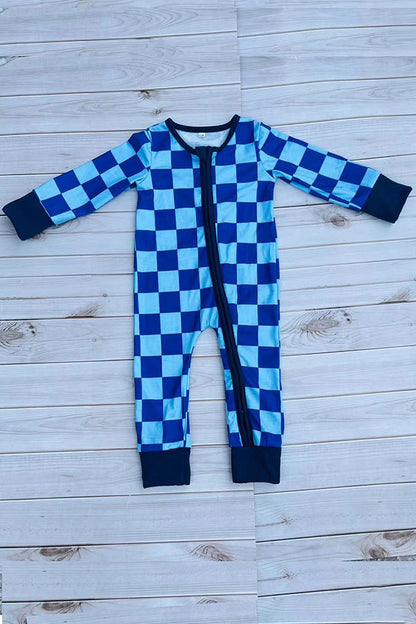 Chic blue checkered long sleeve baby boy boutique romper DLH2900