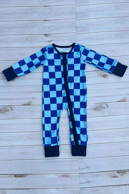 Chic blue checkered long sleeve baby boy boutique romper DLH2900