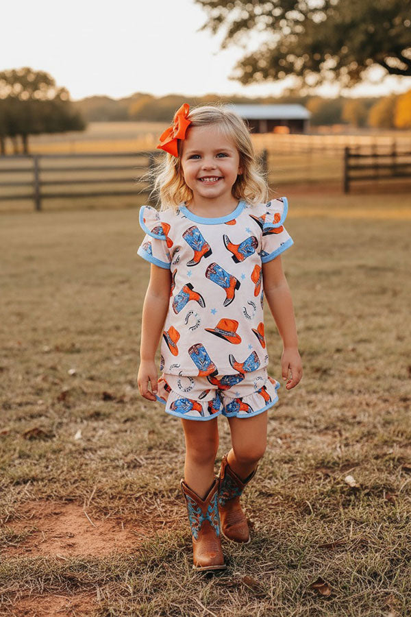 Western cowgirl ruffle top & shorts girls boutique set DLH2901