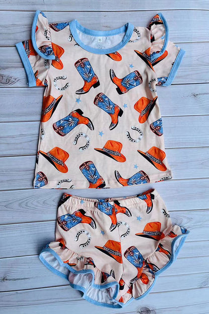 Western cowgirl ruffle top & shorts girls boutique set DLH2901
