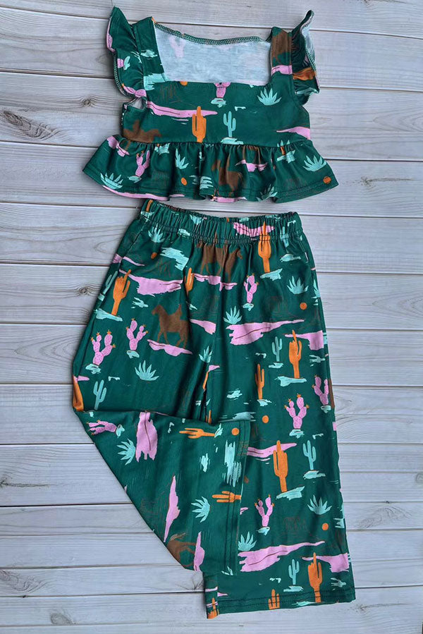 Western cowgirl green crop top & wide leg pant girls boutique set DLH2902