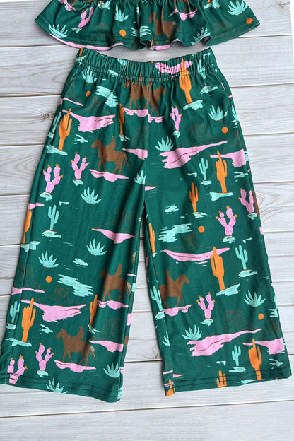 Western cowgirl green crop top & wide leg pant girls boutique set DLH2902