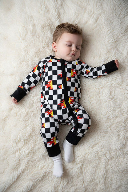 Western checkered & flames print long sleeve infant baby boy's romper DLH2904 12S5