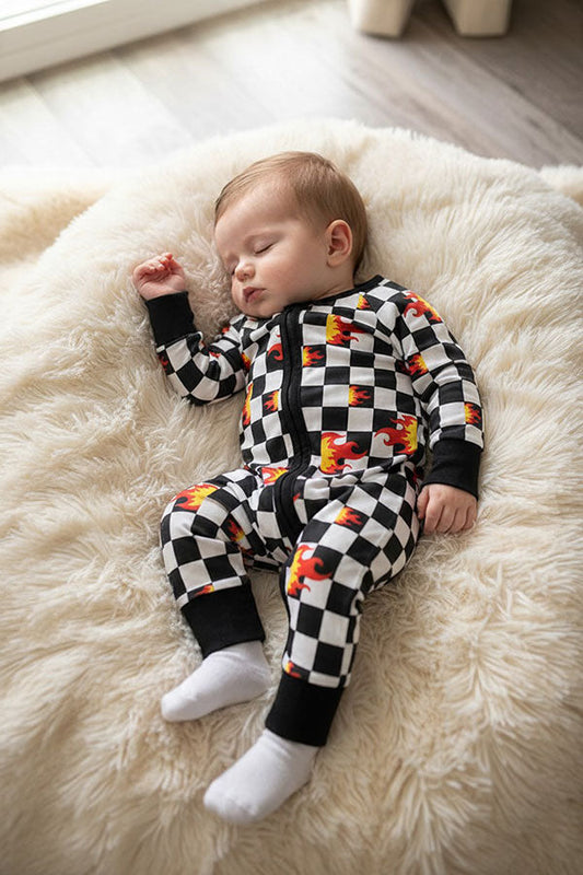 Western checkered & flames print long sleeve infant baby boy's romper DLH2904 12S5