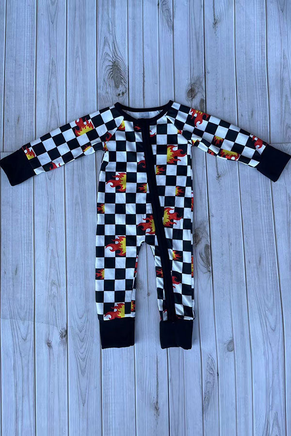 Western checkered & flames print long sleeve infant baby boy's romper DLH2904 12S5