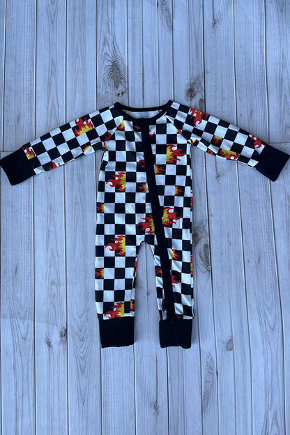 Western checkered & flames print long sleeve infant baby boy's romper DLH2904 12S5
