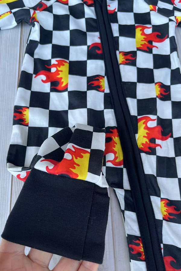 Western checkered & flames print long sleeve infant baby boy's romper DLH2904 12S5