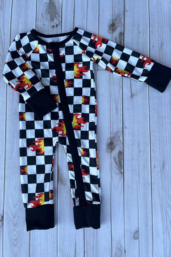 Western checkered & flames print long sleeve infant baby boy's romper DLH2904 12S5