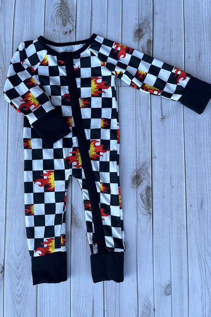 Western checkered & flames print long sleeve infant baby boy's romper DLH2904 12S5