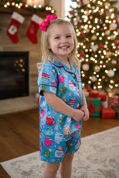 Christmas element print blue top & short girls boutique set DLH2905 2S9
