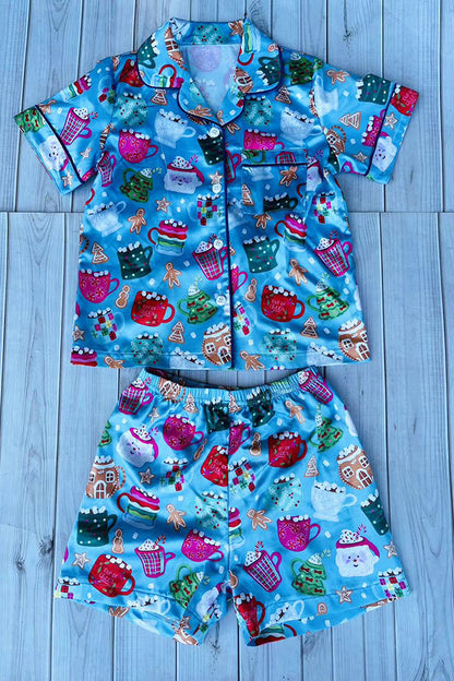 Christmas element print blue top & short girls boutique set DLH2905 2S9