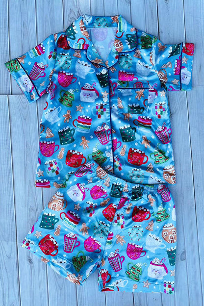 Christmas element print blue top & short girls boutique set DLH2905 2S9