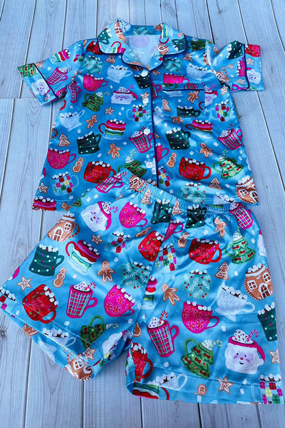 Christmas element print blue top & short girls boutique set DLH2905 2S9
