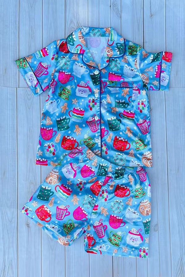 Christmas element print blue top & short girls boutique set DLH2905 2S9