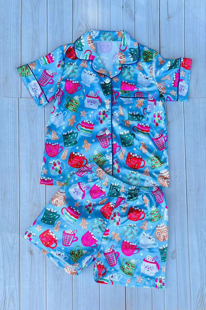 Christmas element print blue top & short girls boutique set DLH2905 2S9