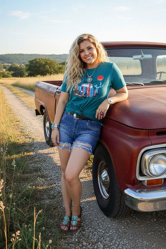 DLH9121-1 "KEEP ON TRUCKIN" teal short sleeve women t-shirt