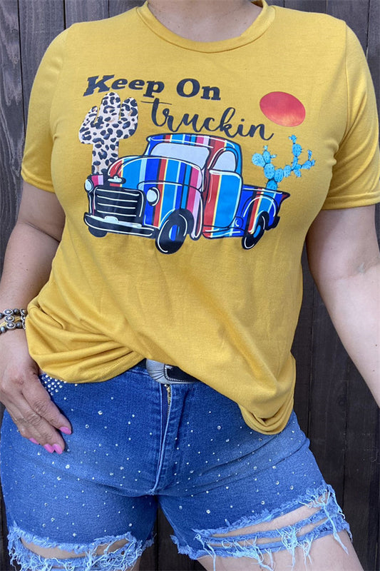 DLH9121-2 KEEP ON TRUCKIN multi color printed graphic yellow background fabric short sleeve women tops