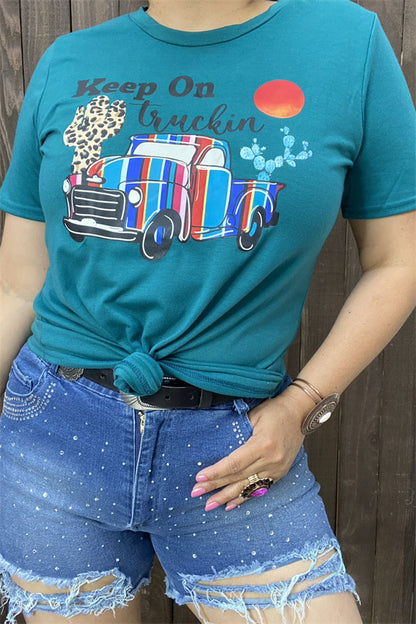 DLH9121-1 "KEEP ON TRUCKIN"multi color printed graphic teal background fabric short sleeve women tops