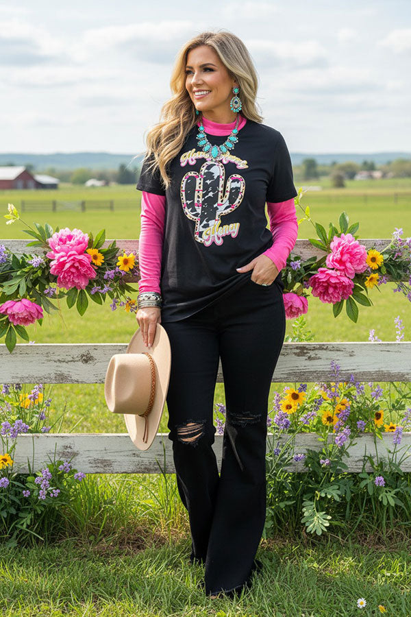 DLH9546 "Howdy Rowdy Honey" Black cactus printed t-shirt