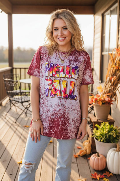 Western HELLO FALL tie dye printed short sleeve women's boutique top DLH9674