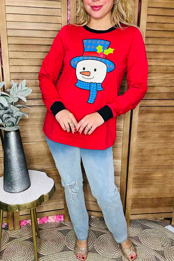 Christmas snowman printed red long sleeve women t-shirt DLH9749