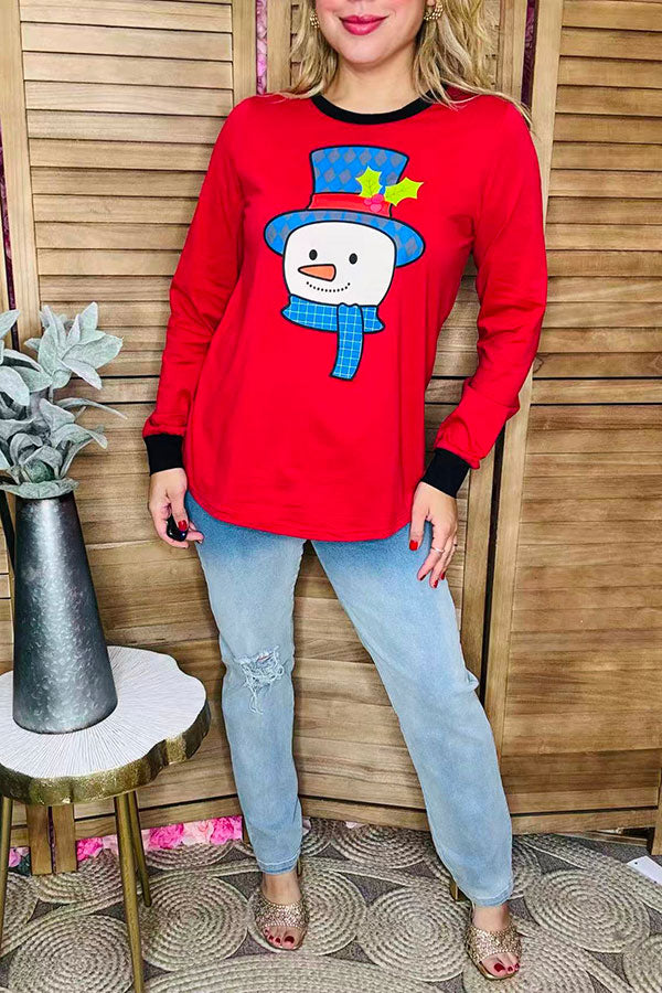 Christmas snowman printed red long sleeve women t-shirt DLH9749