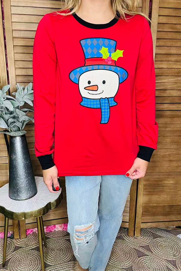 Christmas snowman printed red long sleeve women t-shirt DLH9749
