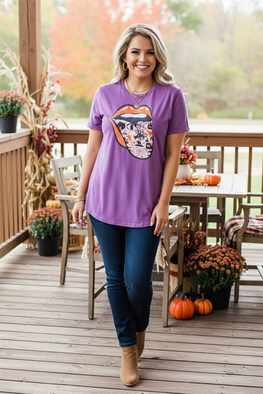Western halloween mouth print short sleeve women's boutique tops DLH9804