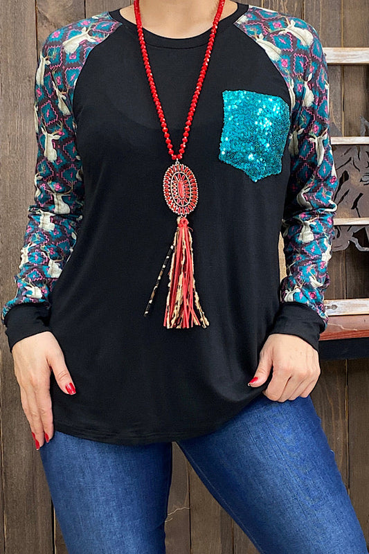 DLH9843-2 Black top w/turquoise sequin front pocket and reindeer printed long sleeves