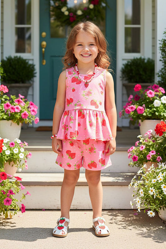 XCH04015 Pink strawberry sleeveless top & shorts 2pc girls sets