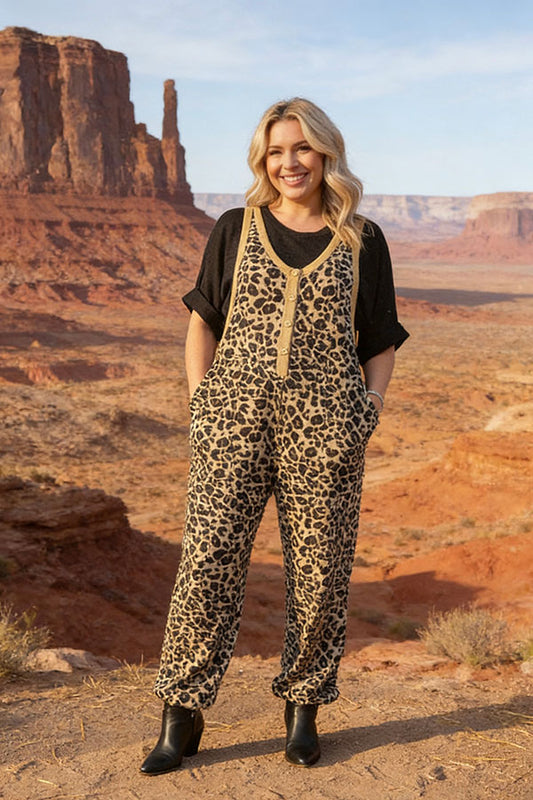 Knitted leopard one piece women jumpsuit w/buttons & pocket XCH16716