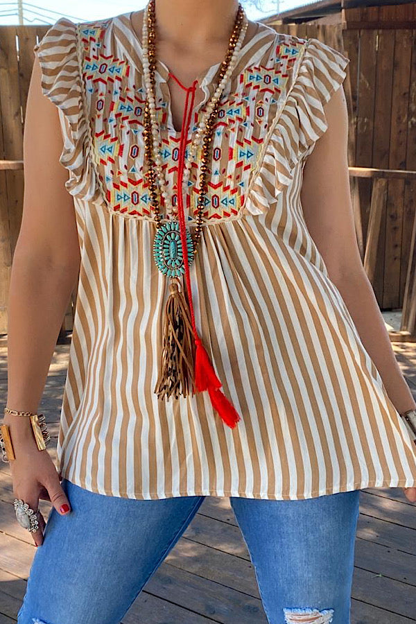 PA12914 Beige striped Aztec embroidery blouse