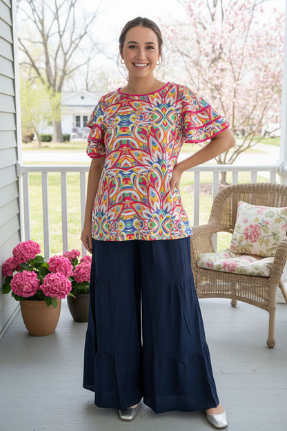 Women's top wholesale Abstract prints & triple ruffle short sleeves XCH16240