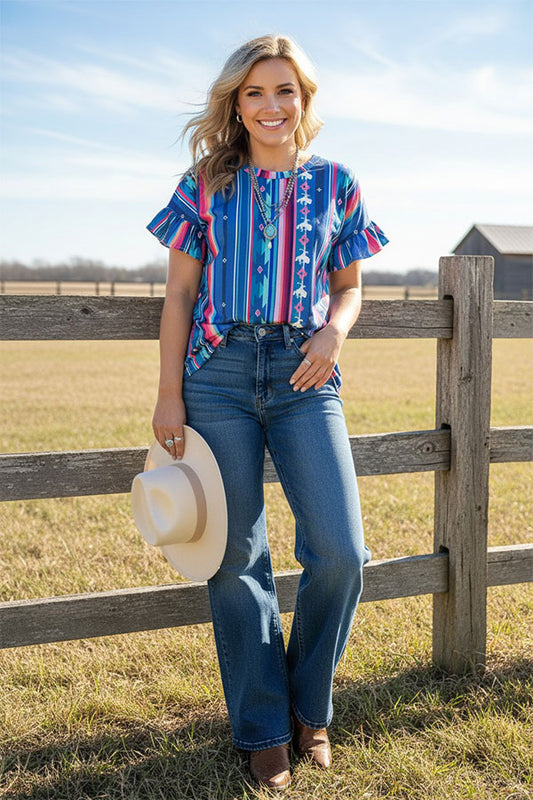Western Aztec/Cowboy short sleeve women's boutique top FW10191