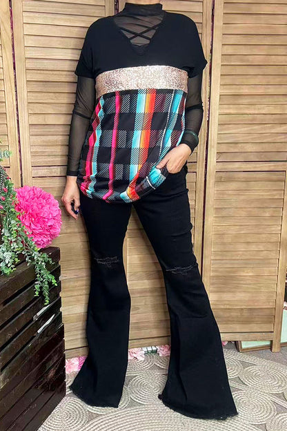 Black & Sequin & Paid color block short sleeve women top FW10214