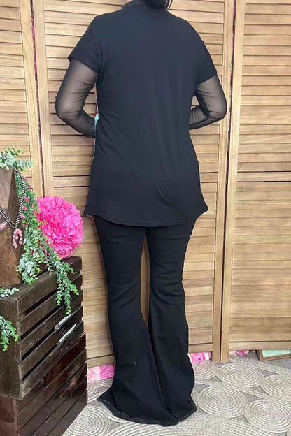 Black & Sequin & Paid color block short sleeve women top FW10214