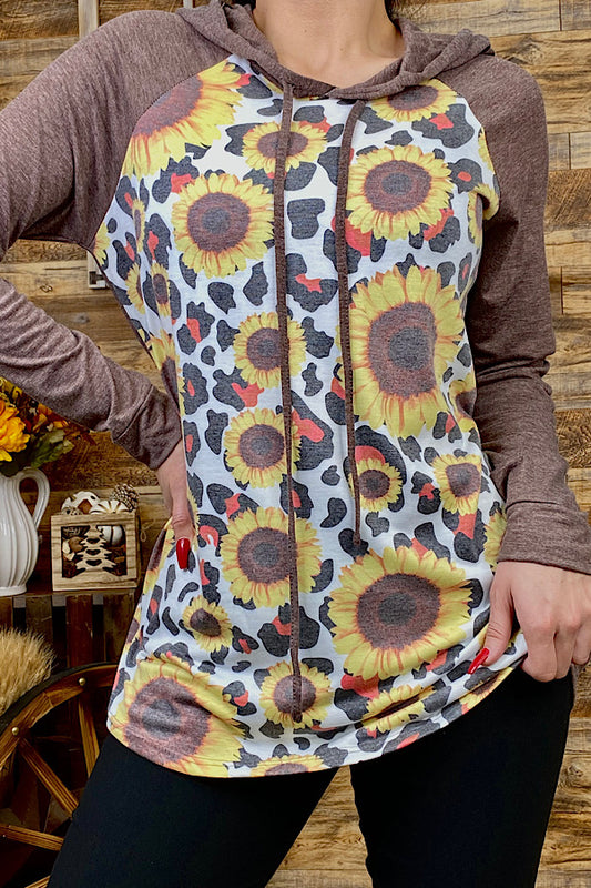 FW9645-Brown Cow/Sunflower printed hoodie w/brown sleeves