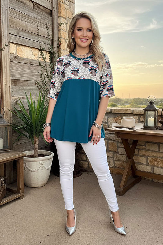 Western leopard mouth & teal short sleeves women's boutique top FW9819