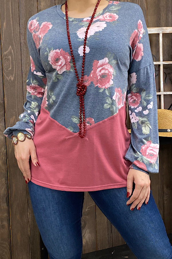 YMY10119 Floral printed bubble sleeve blouse