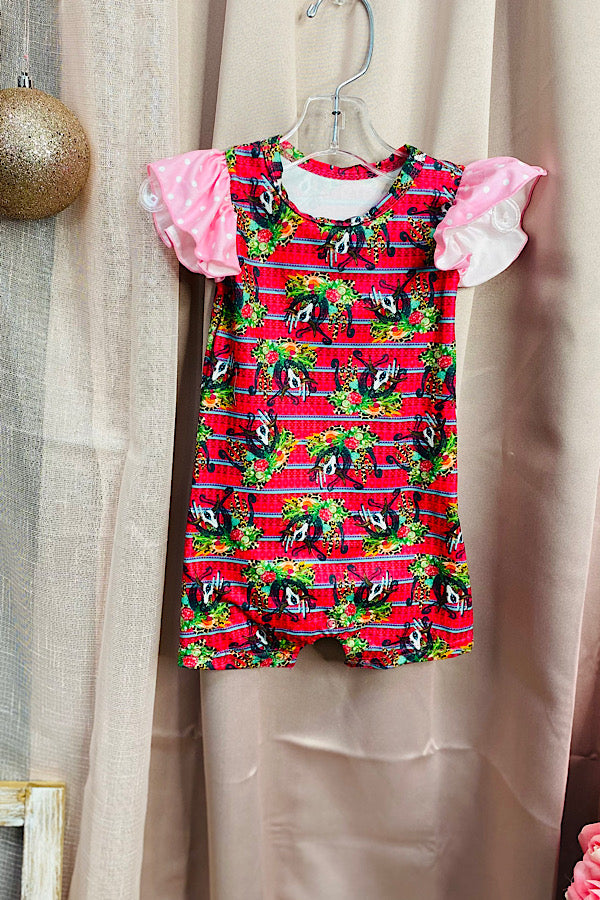DLH1121-2 Fuchsia bull skull & horse shoe printed onesie w/ruffle sleeves A13S1