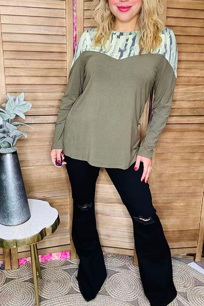 Western cactus printed & olive green long sleeve women tops GJQ10114