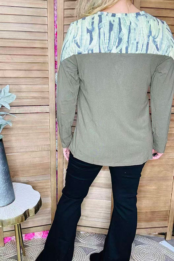 Western cactus printed & olive green long sleeve women tops GJQ10114
